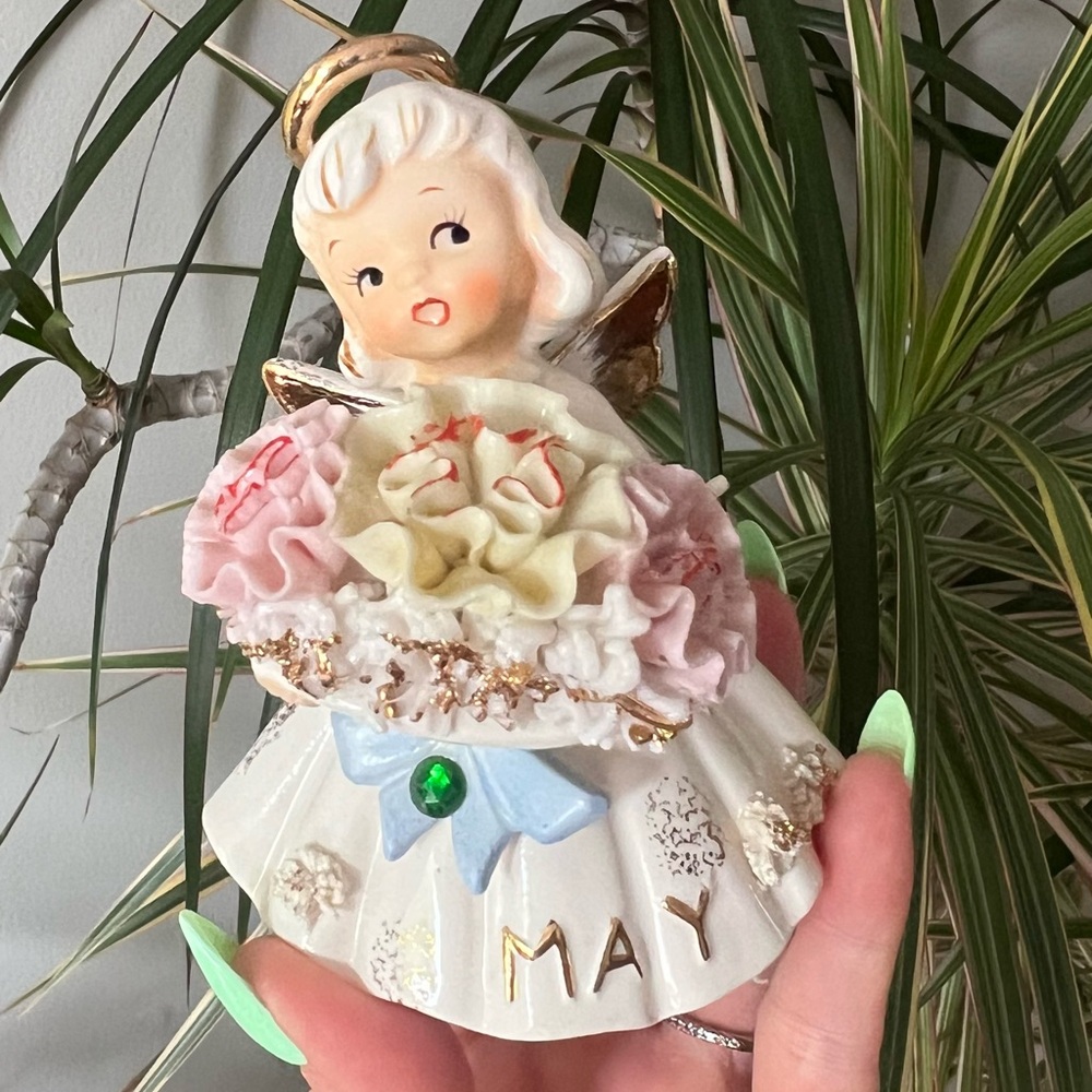 Vintage Lefton Angel birthday angel May. Carnation emerald. Japan ceramics
